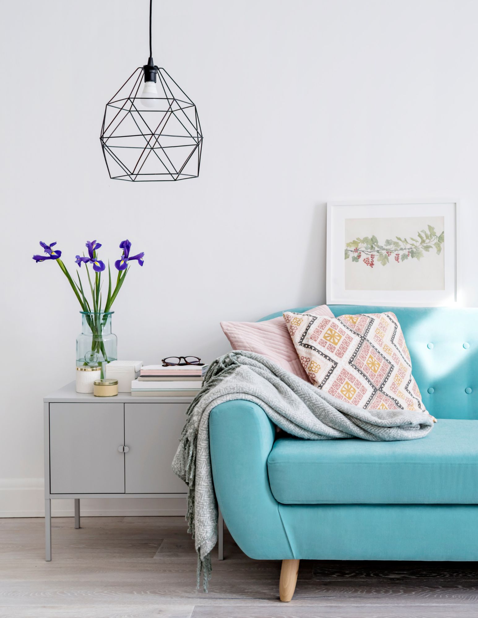 interior painting grey walls and light blue couch